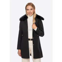 Krótki płaszcz damski z futerkowym kołnierzem czarny
