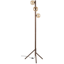 Lampa podłogowa drewniana orzechowa z bursztynowymi kloszami 3xG9
