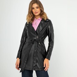 Damski płaszcz z ekoskóry dwurzędowy z paskiem czarny