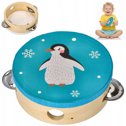 TAMBURYN DREWNIANY Z PINGWINEM INSTRUMENT MUZYCZNY ZABAWKA TAMBURYNEK