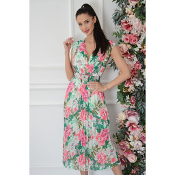 Sukienka midi plisowana z paskiem w kwiaty zieleń