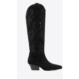 Długie damskie kowbojki ze skóry zamszowej z haftem