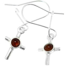 Krzyżyki srebrne koczyki z bursztynem