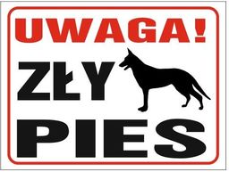 Tabliczka Uwaga zły pies Owczarek Białe Tło