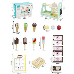 Drewniana lodziarnia z gałkami rożkami i lodami