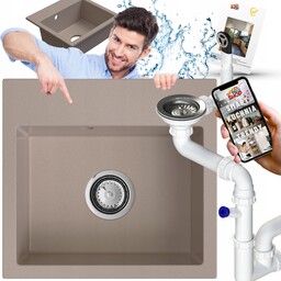 Zlewozmywak Granitowy Jednokomorowy Bez Ociekacza Beżowy Kuchenny Syfon