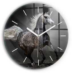Zegar szklany ścienny do salonu Galopujący koń fi30