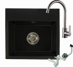 Zlewozmywak granitowy DON czarny mat z baterią inox