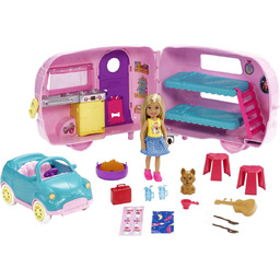 Barbie Chelsea przyczepa kempingowa zestaw z lalką, szczeniaczkiem