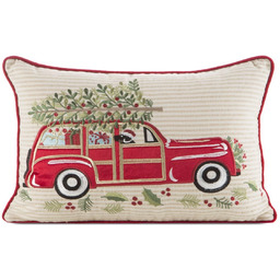 Poszewka bożonarodzeniowa kremowo-czerwona samochód PSWA-289