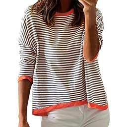 Sweter Damski Bawełniany W Paski Dzianinowy Luźny Jesień