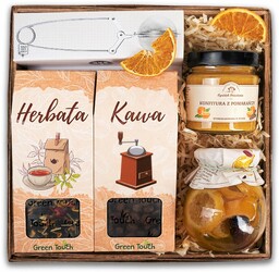 Kosz prezentowy zestaw herbata, kawa, przetwory, zaparzacz