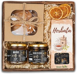 Kosz prezentowy z ciastkami, herbatą i miodem