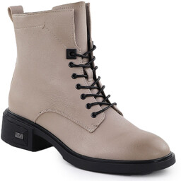 Skórzane botki na klocku damskie beżowe Vinceza 26-39955