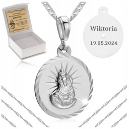 Srebrny Łańcuszek Medalik Matka Boska 925 Komunia Chrzest