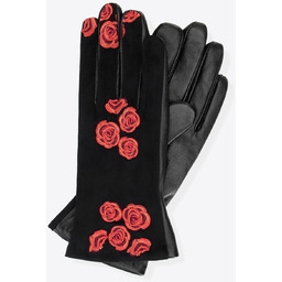 Damskie rękawiczki ocieplane z haftowanymi kwiatami czarno -
