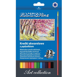 Kredki akwarelowe 12 kolorów z pędzelkiem Flamingo Line