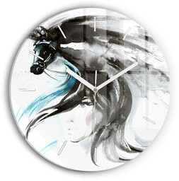 Nowoczesny szklany zegar ścienny Abstrakcja koń i kobieta