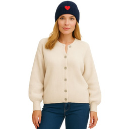 Sweter Damski Kardigan z Bufiastymi Rękawami Włoski Kremowy