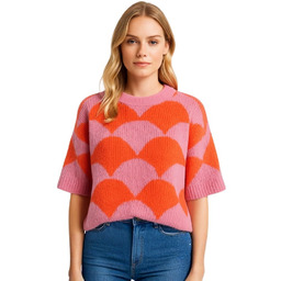 Sweter Damski w Geometryczny Wzór Włoski Różowo-Pomarańczowy