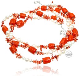 Prawdziwe Perły Koral Piękny Naszyjnik Potrójny Srebro