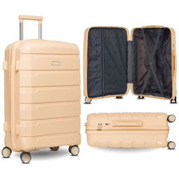 Beżowa walizka z polipropylenu z wysuwaną, teleskopową rączką