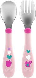 CHICCO 18M+ Sztućce dziecięce, różowe, stal nierdzewna, ergonomiczne