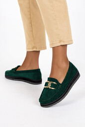 Zielone mokasyny z łańcuchem damskie ze skórzaną wkładką