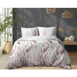 Pościel bawełniana biała w różowe trawy pampasowe POK-493