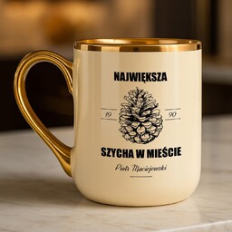 Kubek ceramiczny ze złotym rantem i uchem