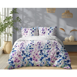 Pościel bawełniana biała w niebieskie i fioletowe kwiaty