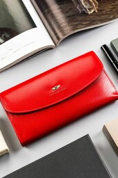 Elegancki, duży portfel damski czerwony ze skóry naturalnej