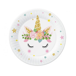 Talerzyki papierowe urodzinowe Kwiatowy Jednorożec - 18 cm