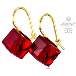 Kryształy Piękne Czerwone Kolczyki Cube Złote Srebro