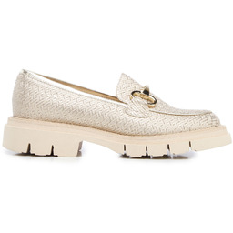 Damskie mokasyny z połyskującej skóry z klamerką beżowo-złote