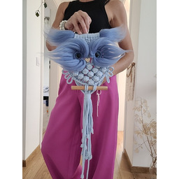 Pakamera Sowa z makramy, dekoracja ścienna boho niebieska