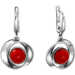 Srebrne kolczyki gładkie kwiat z czerwonymi kamieniami Koral