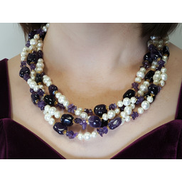 Perły Ametyst Przepiękny Naszyjnik Złote Srebro