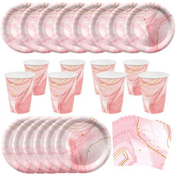 Zestaw dekoracji stołu Różowy Marmur  talerzyki, kubeczki,