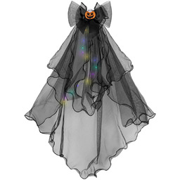 Czarny welon z kokardą i dynią oraz lampkami