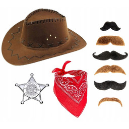 ZESTAW KOWBOJA SZERYFA PRZEBRANIE KAPELUSZ GWIAZDA BANDANA WĄSY