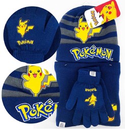 Komplet dziecięcy zimowy czapka szalik rękawiczki Pokemon granatowy