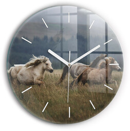Zegar szklany ścienny do salonu Konie w galopie