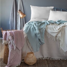 Koc Pled bawełniany 150x200 kremowy z frędzlami