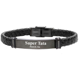 Czarna blacha na czarnej plecionej skórze bransoletka