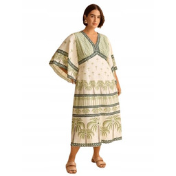 SHEIN SUKIENKA MIDI BOHO WZÓR PALMY DEKOLT SEREK