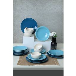 Elegancki 18-częściowy ceramiczny zestaw obiadowy, niebieski i biały,