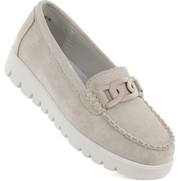 Skórzane mokasyny damskie zamszowe komfortowe beżowe Evento 7304