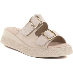 Skórzane klapki na koturnie beżowe Vinceza 88045