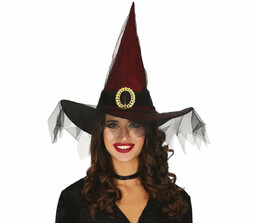 Kapelusz czarownicy z woalem bordowy na Halloween -